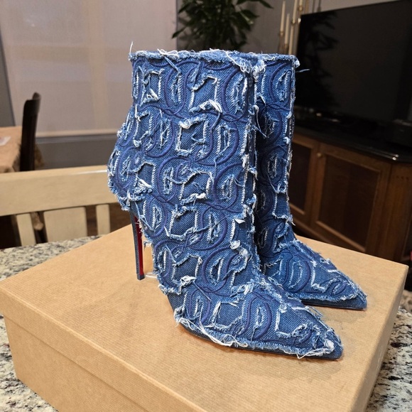 NEW Christian Louboutin So Kate Booty Toile Denim Brode 100mm Size 37 - Picture 6 of 12